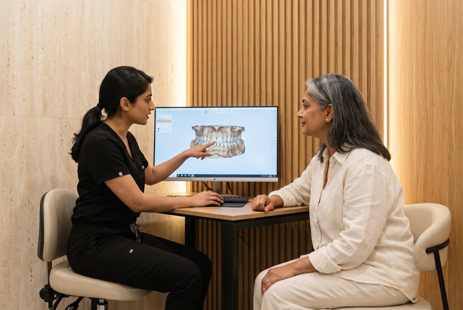 A dentist showing a patient a 3D scan of her teeth on a monitor